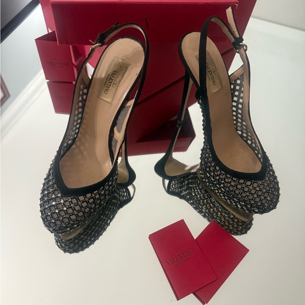 Valentino Black and Silver Mesh Slingback Heels - Picture 3 of 8
